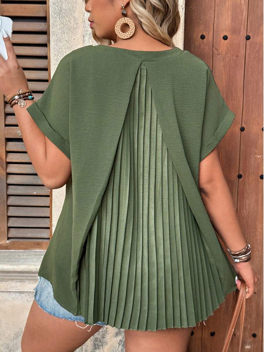 Women's New Round Neck Short Sleeve Pleated Back Chiffon Cuffed Elegant Casual Blouse, Spring/Summer Pleated Back Top Green Blouses For Women Work Clothes Women Women's Tops And Blouses Working Blouse Elegant Women Tops Ladies Casual Tops New Arrivals Tops Tops For Women Blouse For Women Pleated Top Casual Elegant Blouse Loose Fitting Tops Blouses For Women New T Shirt - Green - View 1