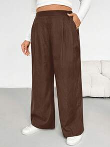 SHEIN Essnce Pantaloni largi pentru femei, mărime plus, toamnă/iarnă, la modă, casual, lejer, confortabili, de zi cu zi, de bază, versatili, subțiri, din material periat, cu talie elastică, cu picior larg, toamnă, pantaloni de damă, stil simplu - Maro - Vizualizare 4