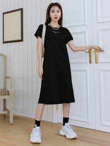 Dazy Designer 女士圆领纯色字母印花短袖连衣裙 - 黑色 - 查看 4