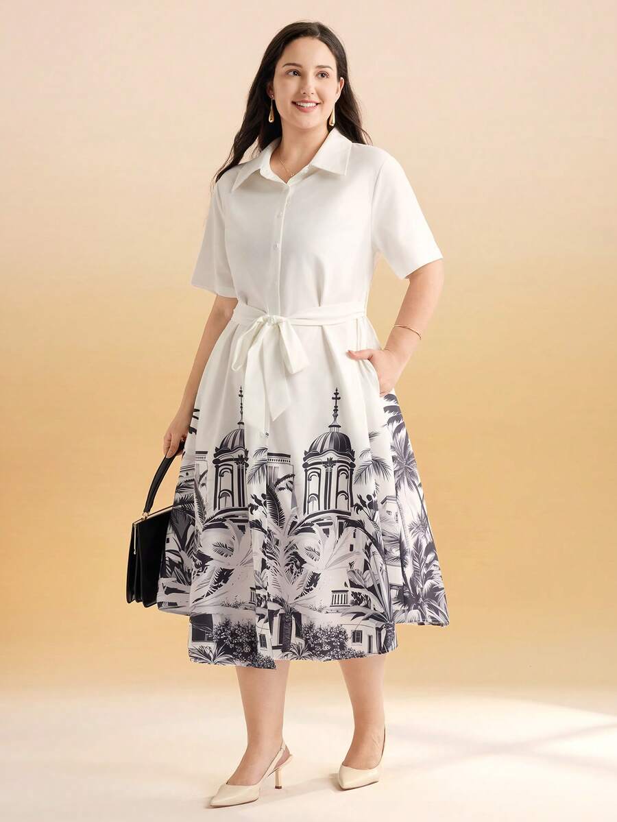 Momelise 大码女式衬衫领中长休闲连衣裙，适合外出、休闲和度假 - 白色 - 查看 1