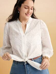 Momelise Plus Size Women's White Autumn Elegant Party Shirt,Hollow Lace Eyelet Blouse With Tie Front Twisted Hem, Boat Neck For Work&Daily Commuting - White - View 4