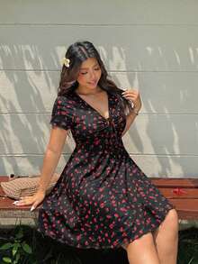 Solflare Plus Size Women's Black Ditsy Floral Casual Front Tie Short Sleeve Dress - Black - View 3