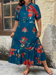 SHEIN LUNE 女士碎花印花长裙，休闲度假风夏季女装，夏季女装，夏季服装 - 水鴨藍 - 查看 5