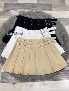 Franclia 女士卡其色双腰带时尚百搭纯色百褶裙杏色秋冬可爱百搭Y2K风格学院风半裙，适合感恩节、新年、圣诞节等节日穿着的可爱女士春夏短款迷你裙，情人节可爱半裙，学院风返校迷你裙，夏季女士春假、春季假期、海滩度假、腰带半裙、带腰带扣半裙 - 卡其色 - 查看 1