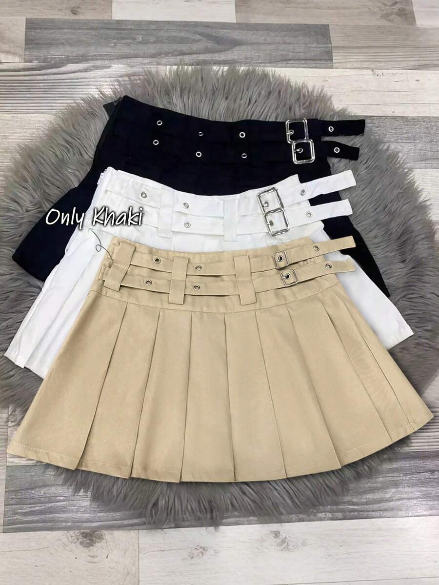 Franclia 女士卡其色双腰带时尚百搭纯色百褶裙杏色秋冬可爱百搭Y2K风格学院风半裙，适合感恩节、新年、圣诞节等节日穿着的可爱女士春夏短款迷你裙，情人节可爱半裙，学院风返校迷你裙，夏季女士春假、春季假期、海滩度假、腰带半裙、带腰带扣半裙 - 卡其色 - 查看 1