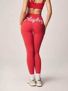 Missguided x Playboy 高腰运动紧身裤，白色撞色滚边，饰有品牌标志，全长修身运动裤 - 紅色 - 查看 1