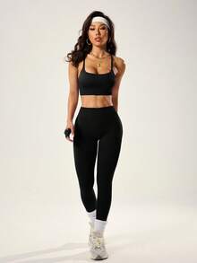 Easithlete Damski jednokolorowy, krótki top i legginsy, sportowy strój - Czarne - Zobacz 3