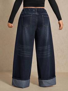 Elaquor 大码休闲水洗弹力腰直筒牛仔裤 - 深色水洗藍 - 查看 3