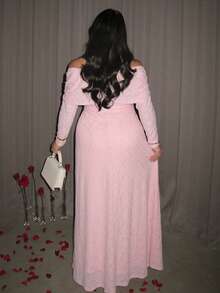 Firerie Plus Size Elegant Solid Color Textured Off-Shoulder Dress, Autumn