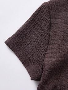 SHEIN Tween Girl Solid Brown Textured Knit Side Ruched Short Sleeve Fitted T-Shirt And Wide Leg Pants Casual 2-Piece Set - Brown - View 5