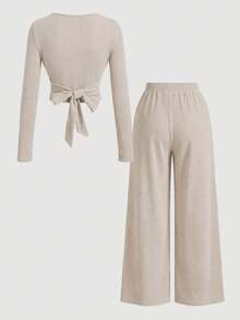 SHEIN MOD Women's Khaki Casual Brushed Ribbed Long Sleeve T-Shirt And Pants Set - Khaki - View 2