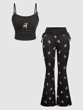 J-Fashion Blusa ricamata in pizzo con motivo a cervo abbinata a pantaloni a zampa con stampa a cervi all-over