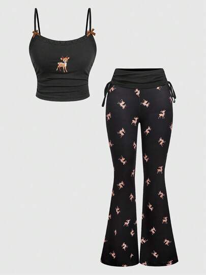 J-Fashion Blouse en dentelle brodée de cerfs mignons assortie à un pantalon évasé avec imprimé de cerfs sur tout le vêtement