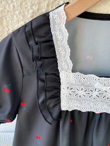 Girls' Loose Fit Short Sleeve Nightgown,Ruffle Collar Cute Summer Black Birthday Sleep Dress,Comfortable Little Girl Cherry Strawberry Pajama Dress - Black - View 7