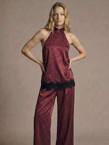 Maija Women's Contrast Lace Pleated Halter Top And Pants Fashion 2 Pieces Set - Burgundy - View 6