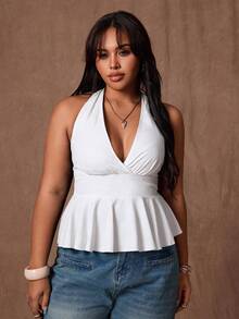 Rustia Plus Size Women's Solid Color Deep V-Neck Ruffle Hem Casual/Work Sleeveless Top - Beige - View 4
