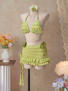Bellisia Women's Summer Beach Solid Color Frill Halter Tie Sexy Bikini Swimwear Set With Cover-Up Skirt - Yellow - View 7