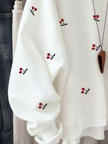 Resyla Women's Plus Size Fruit Cherry Print Pullover Sweatshirt, White, Casual Outdoor Wear, Suitable For Autumn/Winter, Dates, Sports, Back To School - White - View 4