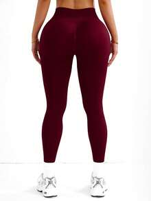 Seamluxe SHEIN Sport 女士高腰无缝酒红色运动紧身裤 - 酒紅色 - 查看 7