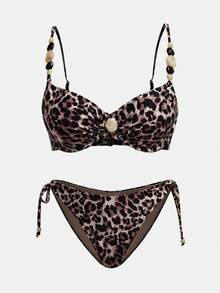 Maija Women's Leopard Print Swimsuit Set, Suitable For Beach & Vacation Cheetah Print Animal Print - Brown - View 5