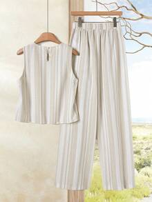 Rusticease 两件套女士条纹休闲吊带背心和阔腿裤 - 卡其色 - 查看 2