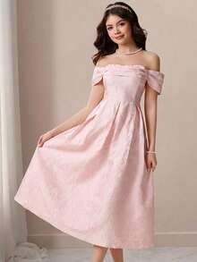 SHEIN Pitira 少女提花露肩优雅连衣裙，粉色 - 粉色 - 查看 6