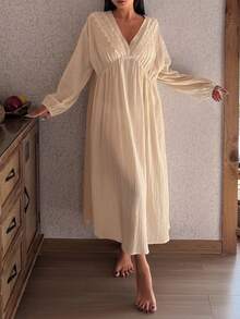 DAZY Romantic Lace Patchwork Textured Loose Lantern Sleeve Mid-Length Women Nightgown - Beige - View 10