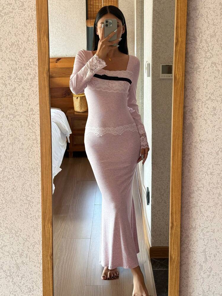 Fitted Contrast Color Bow Lace Patchwork Square Neck Waist Cinched Long Women Nightgown