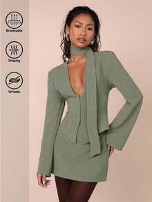 COSMINA Women's Solid Color Long Sleeve Front Button Cardigan And Midi Skirt Casual 2-Piece Set - Green - View 8