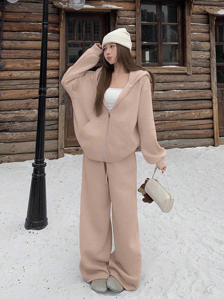 DAZY Bộ 2 áo nỉ đính sequin cho nữ, bộ đồ mặc nhà mùa thu/đông cho nữ. - Màu Khaki - Xem 1