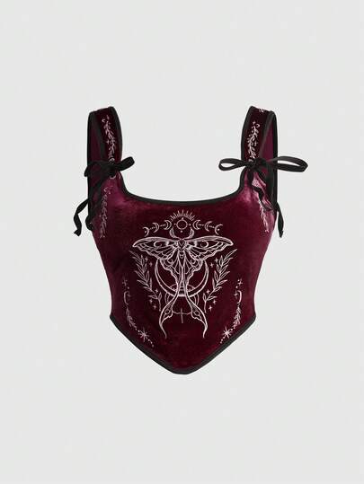 ROMWE Spring/Summer Graphic Gothic Dark Style Embroidered Moth Contrast Color Palace Square Neck Collar Tight Velvet Tank Top