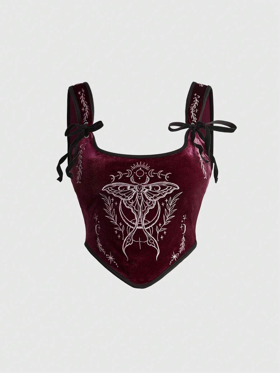 ROMWE Goth 春夏哥特暗黑风刺绣飞蛾撞色宫廷方领紧身丝绒背心 - 紅色 - 查看 1