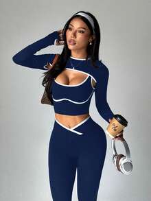 Dewbera 3件套女士无缝罗纹运动套装，长袖披肩领上衣，撞色背心，高腰紧身打底裤 - 藏蓝色 - 查看 7