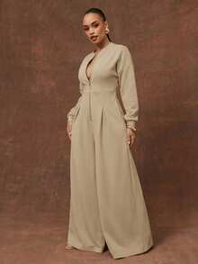 Vixey Solid Color Heavy Weight Fleece Sweatshirt Long Sleeve Wide Leg Jumpsuit - Apricot - View 5