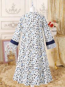 1pc Ramadan Leaf Print V-Neck Loose Robe, Traditional Arabic Clothing - Baby Blue - View 2