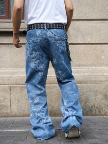 Manfinity EMRG 男士提花直筒喇叭牛仔裤 - 中等水洗藍 - 查看 2