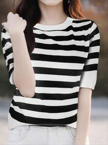 EMERY ROSE Áo dệt kim tay lửng phối màu kẻ sọc, thích hợp mặc đi làm hàng ngày. - Nhiều màu - Xem 5