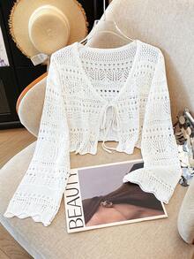 Franclia 新款纯色镂空钩编蕾丝开衫，百搭轻盈针织毛衣，女士必备 - 白色 - 查看 6