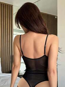 DAZY Lace Patchwork Deep V-Neck Sexy Bodysuit For Going Out Lingerie For Women - Black - View 2