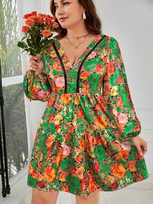 SHEIN VCAY Plus Size Elegant Floral Print Tie-Waist Backless Dress, Suitable For Commuting - Royal Blue - View 2