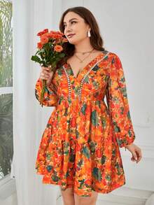 SHEIN VCAY 大码女式碎花露背扭结设计灯笼袖时尚连衣裙 - 彩色 - 查看 6