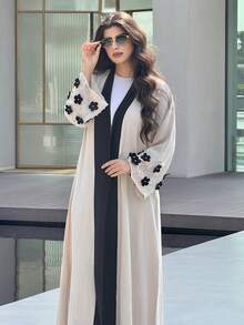 Al Najma 女款優雅端莊人造珍珠水鑽裝飾喇叭袖寬鬆阿拉伯式長袍夏季款 - 杏色 - 查看 10
