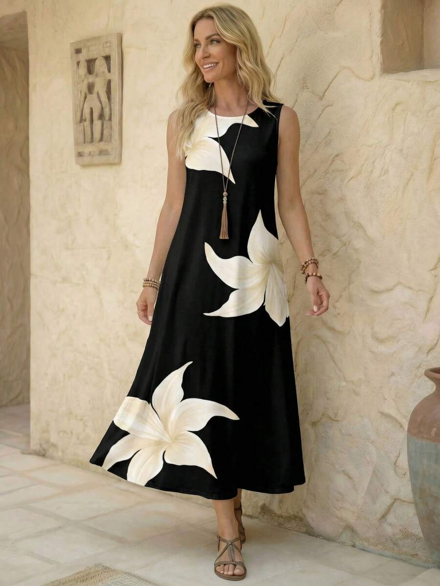 EMERY ROSE 女士休闲花卉图案圆领连衣裙，适合夏季 - 彩色 - 查看 1