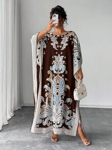Elenzga Đầm dáng rộng in họa tiết tay cánh dơi cổ tròn cỡ lớn, thích hợp cho kỳ nghỉ và các buổi tụ họp, phù hợp cho người có thân hình mũm mĩm. - màu nâu - Xem 6