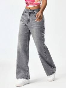 SHEIN Unity Plus Size Y2K Women Loose Fit Straight Leg Jeans, Vintage Washed Gray Casual Cowboy Outfits High Waisted Denim Pants - Grey - View 4