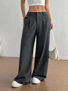 SHEIN Unity 2026 复古新款百搭通勤商务女式垂褶直筒裤，腰部拼接高端设计修身灰蓝色长裤 - Iron Gray - 查看 6