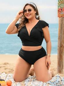 Swim Lushoire Plus Size Women 2pcs Solid Color Ruffle Sleeve Criss-Cross Front Top & Triangle Bottoms Backless Bikini Swimwear - Black - View 1