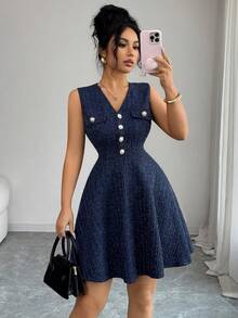 Elenzga 新款女士V领无袖针织迷你连衣裙，采用仿口袋翻盖设计，优雅百搭 - 藏蓝色 - 查看 5