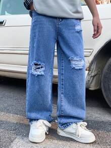 SHEIN Tween BoyBlue Distressed Loose Straight Leg Jeans - Blue - View 1