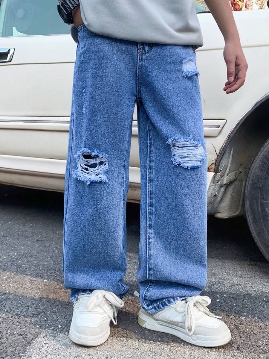 SHEIN Tween BoyBlue Distressed Loose Straight Leg Jeans - Blue - View 1